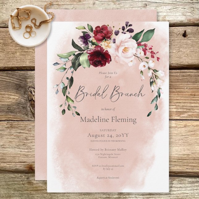 Rustic Burgundy & Blush Pink Roses Bridal Brunch Invitation (Rustic Burgundy & Blush Pink Roses Bridal Brunch Invitation)
