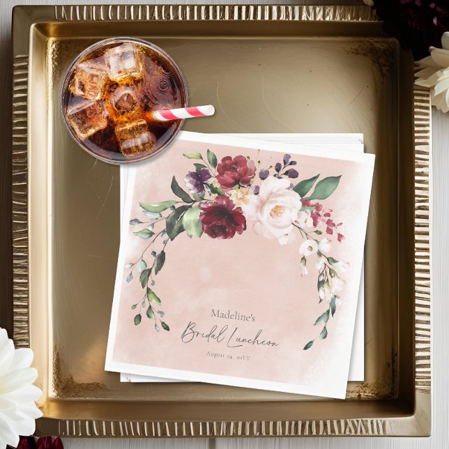 Rustic Burgundy & Blush Pink Roses Bridal Luncheon Napkin (Rustic Burgundy & Blush Pink Roses Bridal Luncheon Napkins)