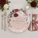 Rustic Burgundy & Blush Pink Roses Bridal Luncheon Paper Plate<br><div class="desc">Elevate your bridal shower luncheon to a level of pure romance with our stunning paper plates. A soft arch of rich Marsala wine and delicate pink roses, artfully intertwined with lush greenery and delicate berries, graces the canvas of a soft blush-coloured watercolor splash background. This exquisite design is a true...</div>