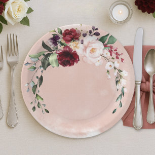 Rustic Burgundy & Blush Pink Roses Bridal Luncheon Paper Plate