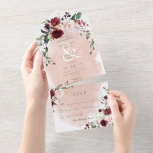 Rustic Burgundy & Blush Pink Roses Dinner All In One Invitation