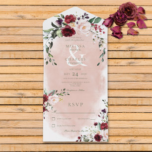 Rustic Burgundy & Blush Pink Roses No Dinner All In One Invitation