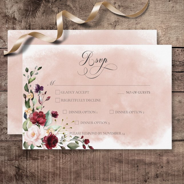 Rustic Burgundy & Blush Pink Roses Wedding RSVP Card (Rustic Burgundy & Blush Pink Roses Wedding Response Card with Dinner Options)