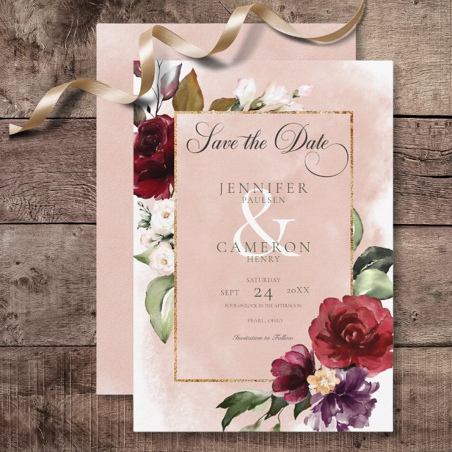 Rustic Burgundy & Blush Pink Roses Wedding Save The Date (Rustic Burgundy & Blush Pink Roses Wedding Save the Date Card)