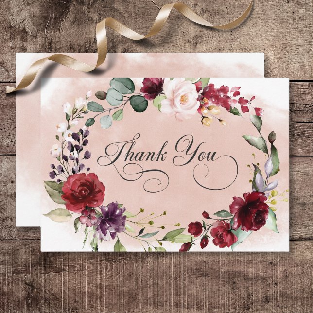 Rustic Burgundy & Blush Pink Roses Wedding Thank You Card (Rustic Burgundy & Blush Pink Roses Wedding Thank You Card)