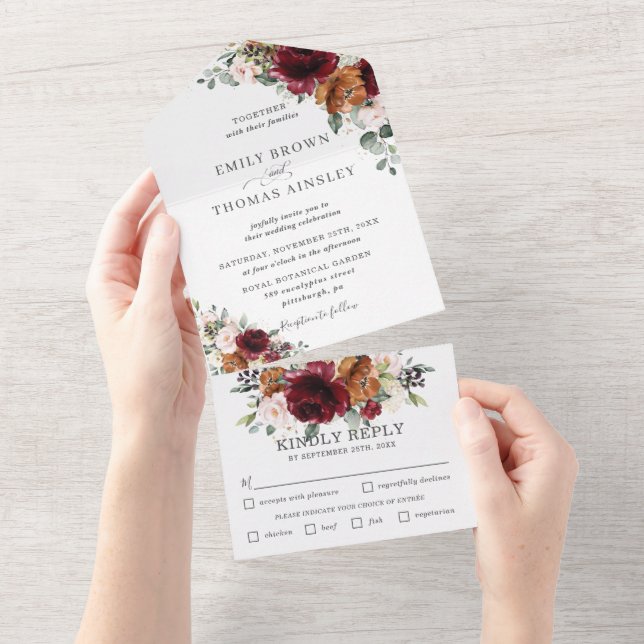 Rustic Burgundy Blush Rust Ivory Floral Wedding   All In One Invitation (Tearaway)