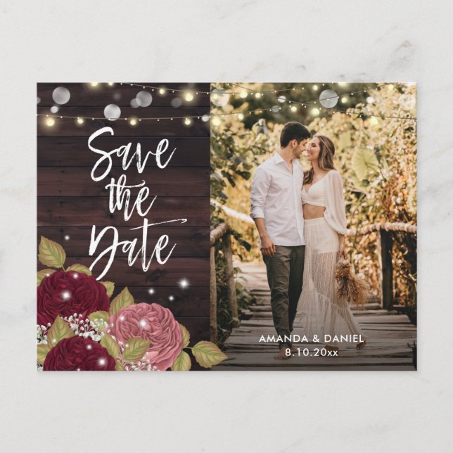 Rustic Burgundy Blush Wedding Photo Save The Date Announcement Postcard (Front)