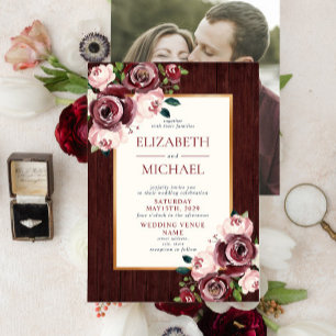 Rustic Burgundy Blush Wood Gold Photo Wedding Invitation