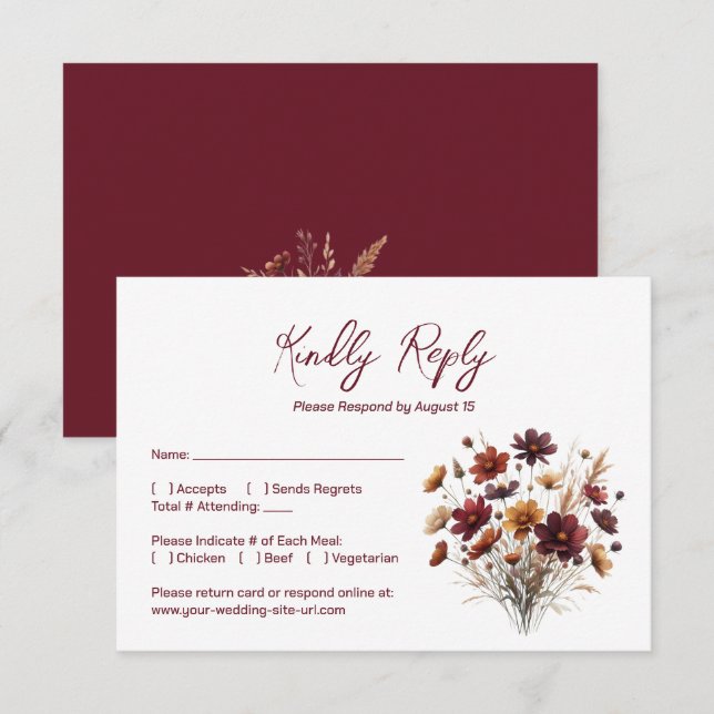 Rustic Burgundy Boho Chic Wildflowers Wedding RSVP Card (Front/Back)