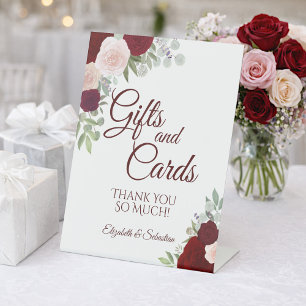 Rustic Burgundy Boho Floral Gifts & Cards Wedding Pedestal Sign