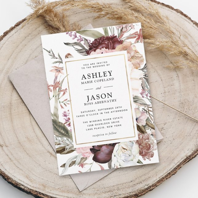 Rustic Burgundy Boho Floral Wedding Invitation (Creator Uploaded)