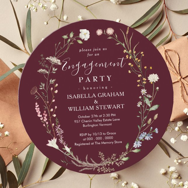 Rustic Burgundy Boho Wildflower Engagement Party Invitation (Creator Uploaded)