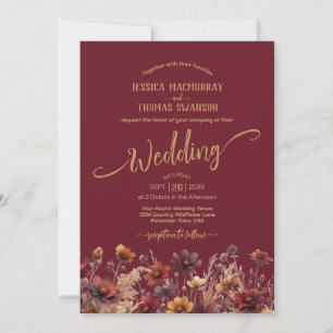 Rustic Burgundy Boho Wildflowers Elegant Wedding Invitation