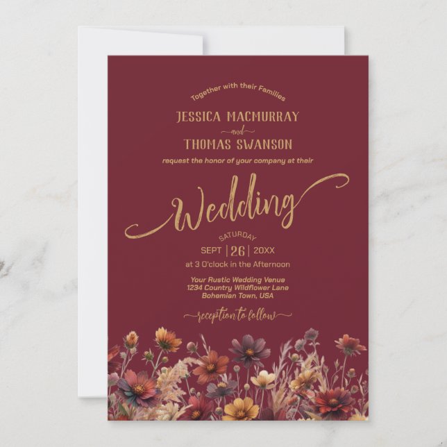 Rustic Burgundy Boho Wildflowers Elegant Wedding Invitation (Front)