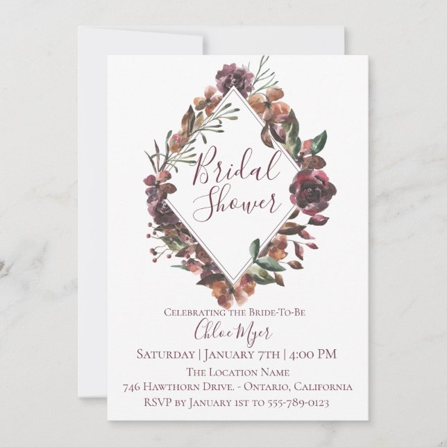 Rustic Burgundy Botanical Bridal Shower Invitation (Front)