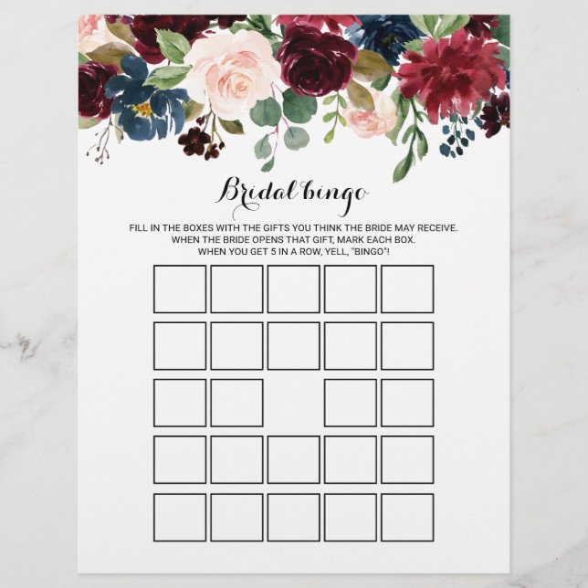 Rustic Burgundy Bridal Bingo, Bridal Shower Game (Front)