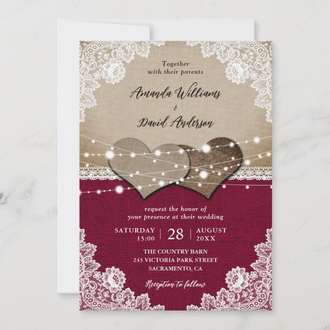 Rustic Burgundy Burlap Lace Wedding Invitation (Front)