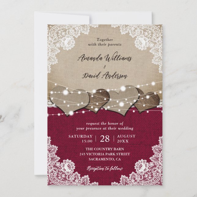 Rustic Burgundy Burlap Lace Wedding Invitation (Front)