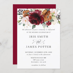 Rustic Burgundy Burnt Orange Blush Floral Wedding Invitation