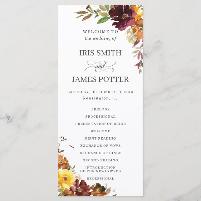 Rustic Burgundy Burnt Orange Floral Wedding  Programme (Front)