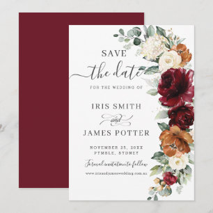 Rustic Burgundy Burnt Orange Ivory Floral Wedding Save The Date
