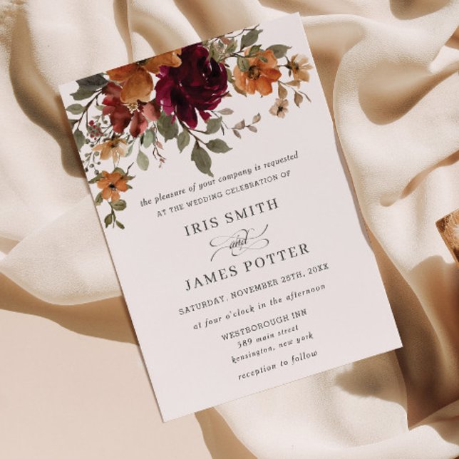 Rustic Burgundy Burnt Orange Rust Floral Wedding Invitation (rustic burgundy rust burnt orange floral fall autumn wedding invitation cards printed digital file)