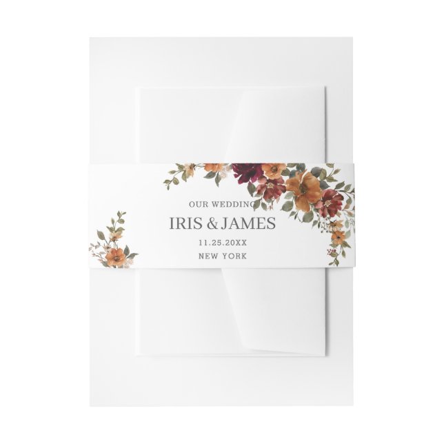 Rustic Burgundy Burnt Orange Rust Floral Wedding Invitation Belly Band (Front Example)