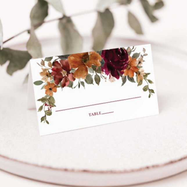 Rustic Burgundy Burnt Orange Rust Floral Wedding  Place Card (Creator Uploaded)