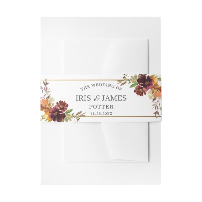Rustic Burgundy Burnt Orange Yellow Floral Wedding Invitation Belly Band (Front Example)