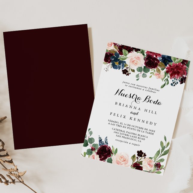 Rustic Burgundy Calligraphy Nuestra Boda Wedding Invitation (Creator Uploaded)