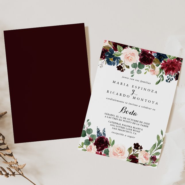 Rustic Burgundy Calligraphy Spanish Wedding Invitation (Creator Uploaded)
