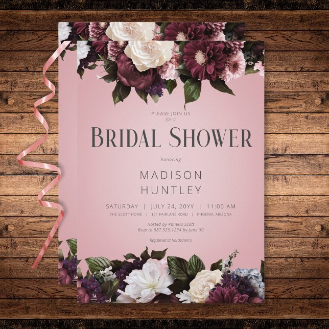 Rustic Burgundy Cream & Pink Floral Bridal Shower Invitation (Rustic Burgundy Cream & Pink Floral Bridal Shower Invitation)