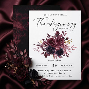 Rustic Burgundy Dark Roses Thanksgiving Dinner Invitation
