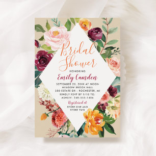 Rustic Burgundy Fall Floral Diamond Bridal Shower Invitation