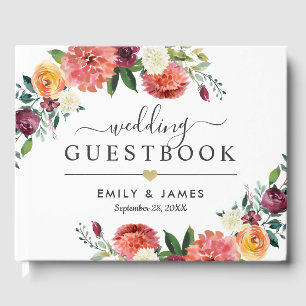 Rustic Burgundy Fall Floral Gold Wedding Monogram Guest Book