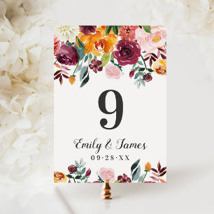 Rustic Burgundy Fall Floral Table Number Card