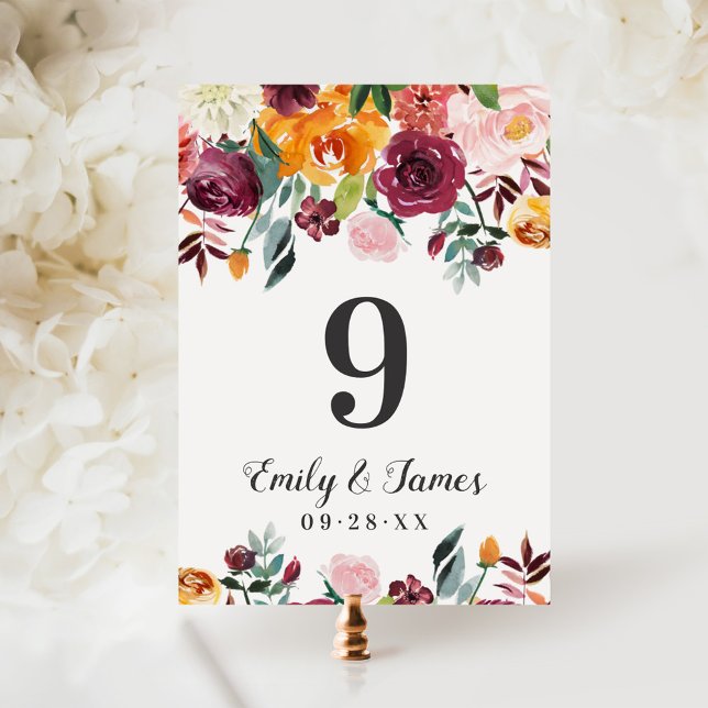 Rustic Burgundy Fall Floral Table Number Card (Creator Uploaded)