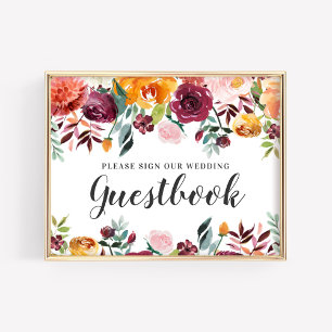 Rustic Burgundy Fall Floral Wedding Guestbook Sign