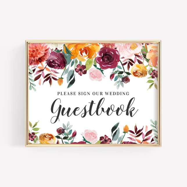 Rustic Burgundy Fall Floral Wedding Guestbook Sign (Creator Uploaded)