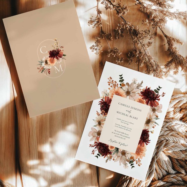 Rustic Burgundy Fall Floral Wedding Invitation (Fall Burgundy Floral Wedding Invitation)