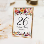 Rustic Burgundy Fall Floral Wedding Monogram Table Number<br><div class="desc">Rustic romantic style wedding table number cards feature a stylish monogram with numbers framed by a floral watercolor arrangement with beautiful roses,  dahlias,  peony flowers,  and greenery,  in a gorgeous autumn palette of burgundy red,  golden yellow,  peach orange,  blush pink,  and shades of green. White background colour.</div>