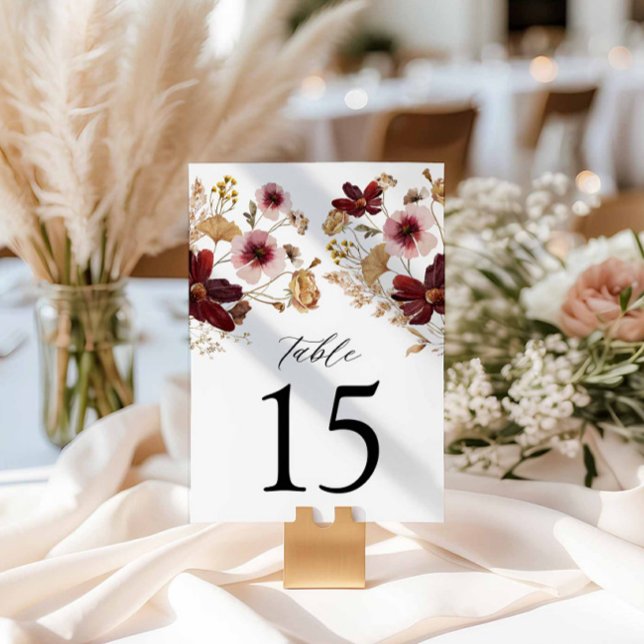 Rustic Burgundy Fall Floral Wedding Table Number (Burgundy Fall Floral Wedding Table Numbers)