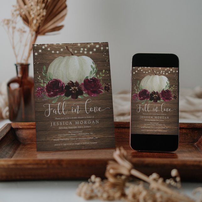 Rustic Burgundy Fall in Love Bridal Shower Invite (Creator Uploaded)