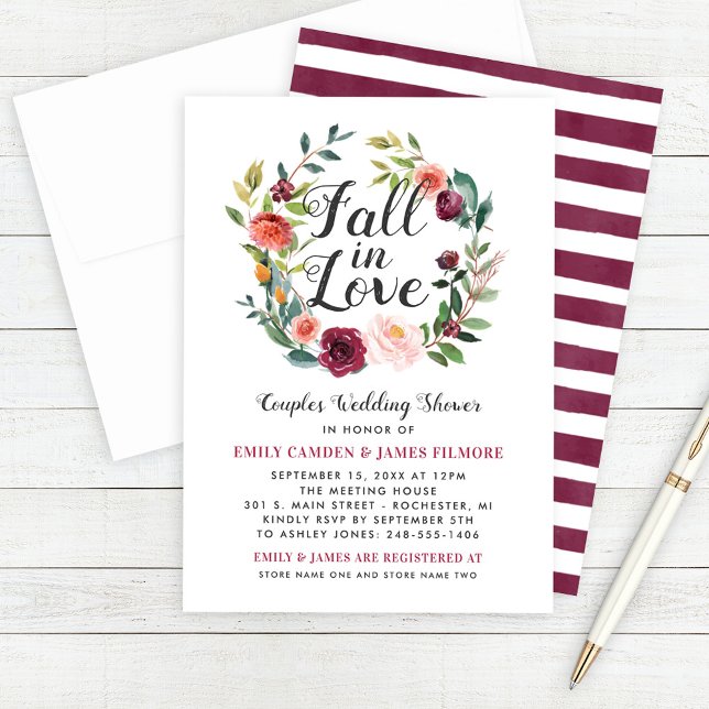 Rustic Burgundy Fall in Love Floral Couples Shower Invitation (Creator Uploaded)