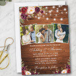 Rustic Burgundy Floral 3 Photo Wood Lights Wedding Invitation<br><div class="desc">Rustic Wood,  Watercolor Burgundy Floral Wedding Invitation with Burgundy Roses,  Pink Roses,  Red Roses and Botanical Greenery. Glowing String Lights.</div>