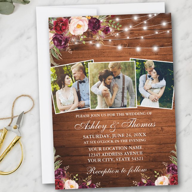 Rustic Burgundy Floral 3 Photo Wood Lights Wedding Invitation (Customize to add more text or more photos to back of card.)