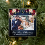Rustic Burgundy Floral Blue Wood First Christmas Ceramic Ornament<br><div class="desc">Rustic Blue Wood,  Elegant Watercolor Burgundy Marsala Floral Wedding Photo Our First Christmas Ornament</div>