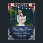 Rustic Burgundy Floral Blue Wood Lights Lace Photo Announcement Postcard<br><div class="desc">Rustic Blue Wood String Lights Watercolor Burgundy Marsala Floral,  burgundy roses,  pink roses and greenery Lace Wedding Save The Date Postcard</div>