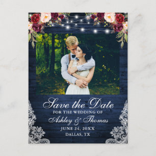 Rustic Burgundy Floral Blue Wood Lights Lace Photo Announcement Postcard