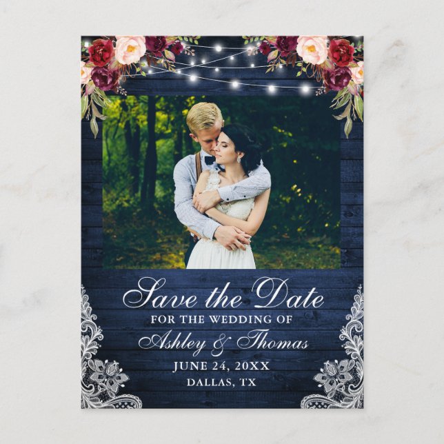 Rustic Burgundy Floral Blue Wood Lights Lace Photo Announcement Postcard (Front)